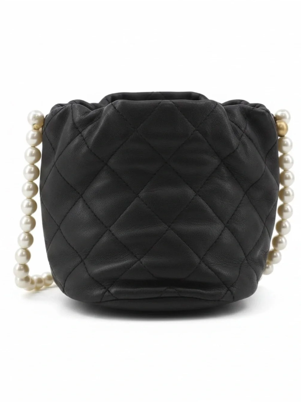 CHANEL Pearl Drawstring Bucket Bag in Black Quilted Lambskin with Pearl Strap